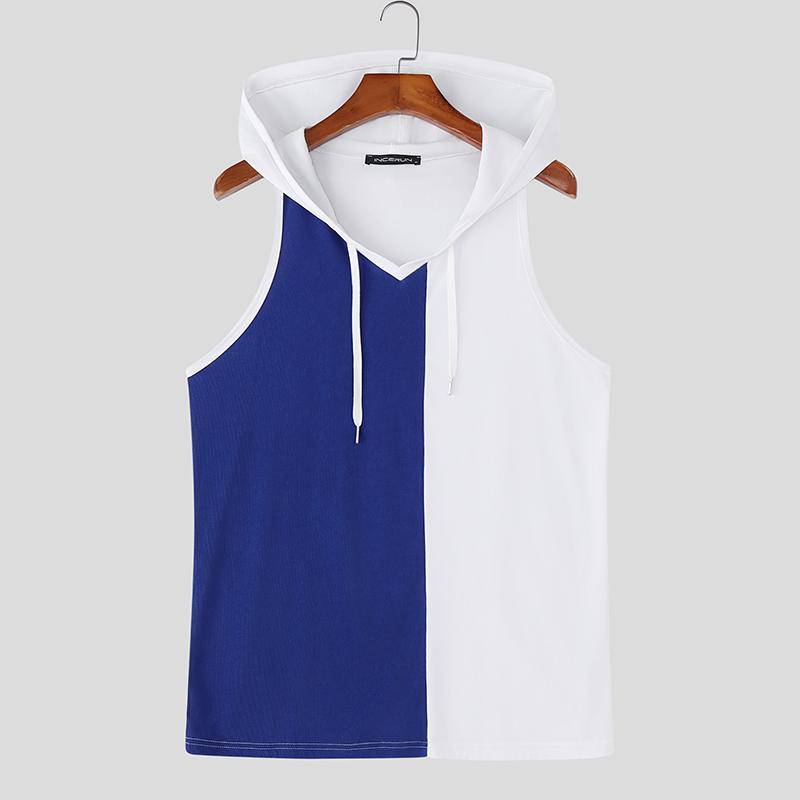 INCERUN Summer Men Sleeveless Stitching Sport Hooded Tank Tops