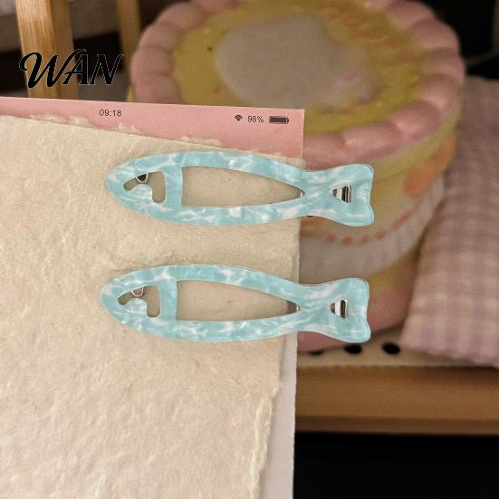 Fresh Fish Hollow Shape Clip 2Pcs Girl Hairpins, Acrylic Hair Clips with Built-in Elastic Clip, Broken Pins, Transparent Icy Blue Accessories