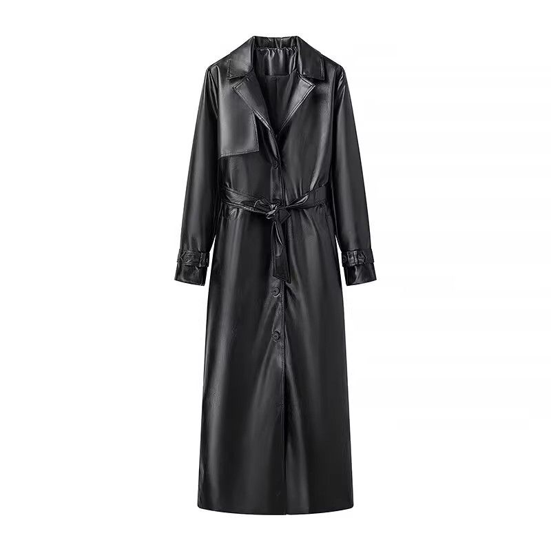Fall and Winter New Women's Clothing Fashion Style Long Sleeves Lapel Loose with Belt Long Poly Urethane Leather Trench Coat Outwear
