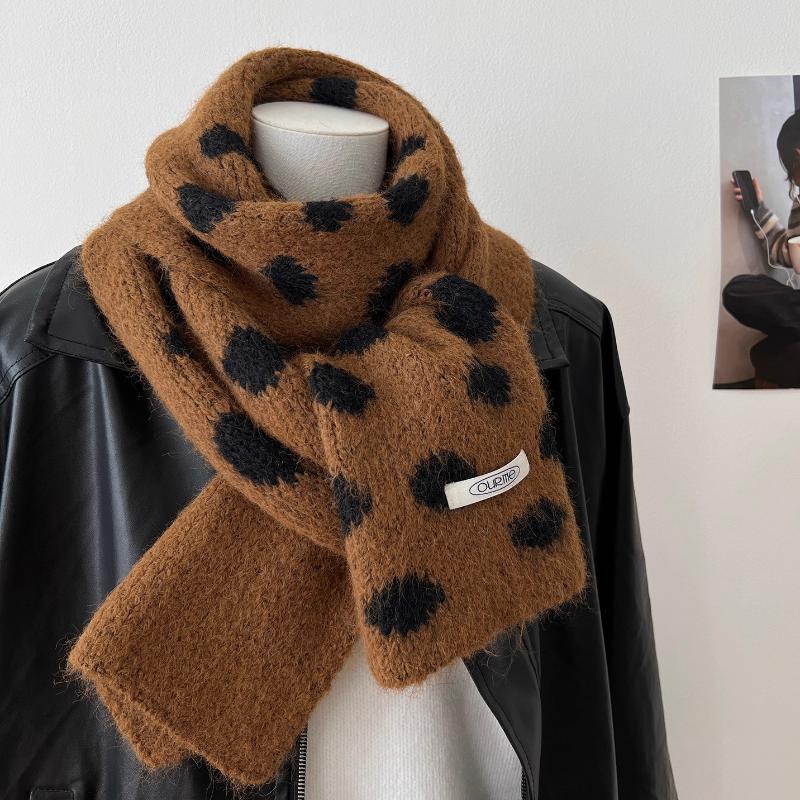 Korean Style Polka Dot Plush Knitted Scarf Soft Thick Color-Block Scarf Thermal Windproof Neck Warmer Scarves