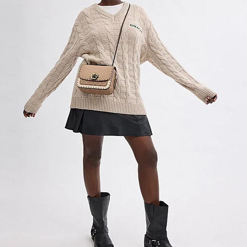 Coach Madison 19 Logo Studs, Calfskin and Artificial Leather, Crossbody Shoulder Bag, Small, Women's, Taupe