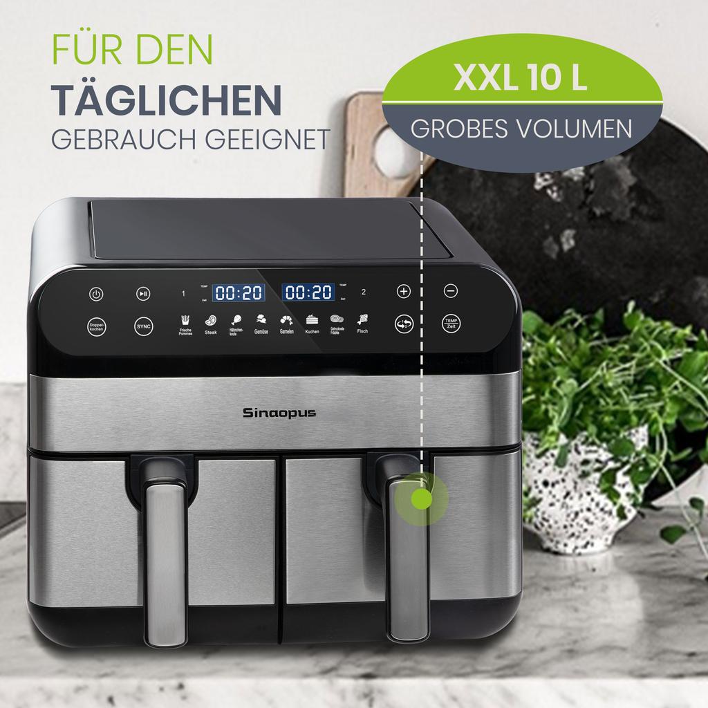 Air Fryer 10L XXL with Dual Chamber Dual Zone for Families, Fryer with LED Touchscreen, Adjustable Time and Temperature, 8 Cooking Functions