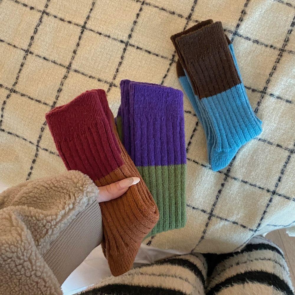 Colour Blocking Mid-Calf Wool Socks Retro Outdoor Wear Short Socks Mid Tube Socks Autumn Winter