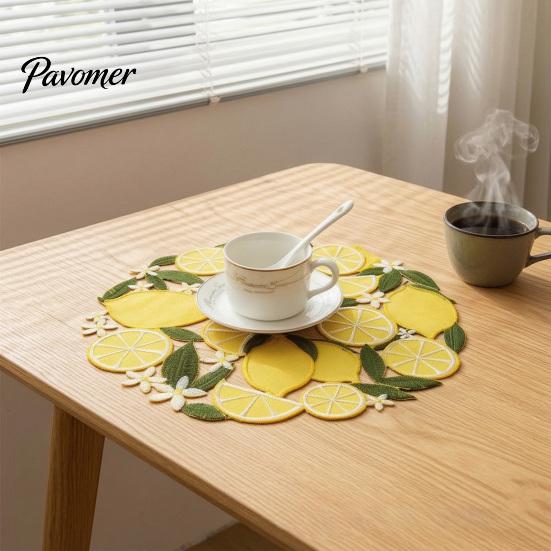 Tabletop Scratch Protector Pads Lemon Lace Placemat, Clear Embroidery Style Table Mat with Citrus Fruit Decorative Dining Placemats Leaf Design,
