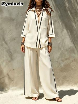 Fall Winter Women's Printed Shirt Wide Leg Pants Two Piece Outfit Vacation Casual Wear