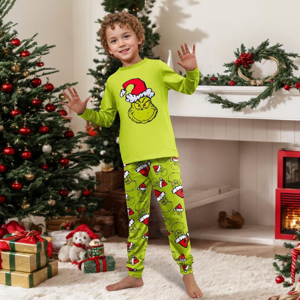 Family Matching Christmas Print Pajama Set Long Sleeve Round Neck Top and Pants Loungewear