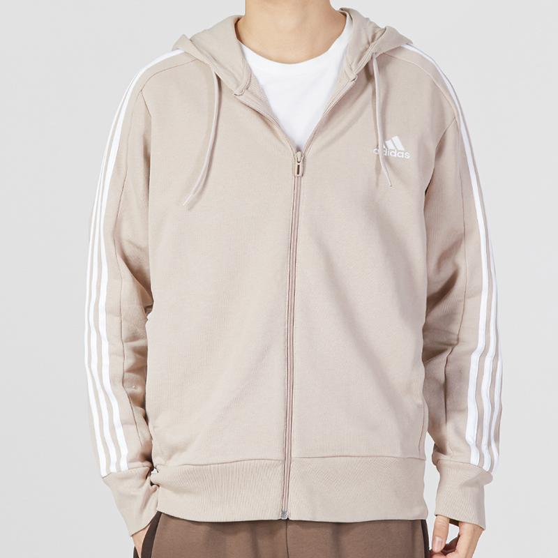 Adidas Essentials French Terry 3-Streifen Full-Zip Hoodie Wonder Taupe/Weiß Herren Streetwear IC9839