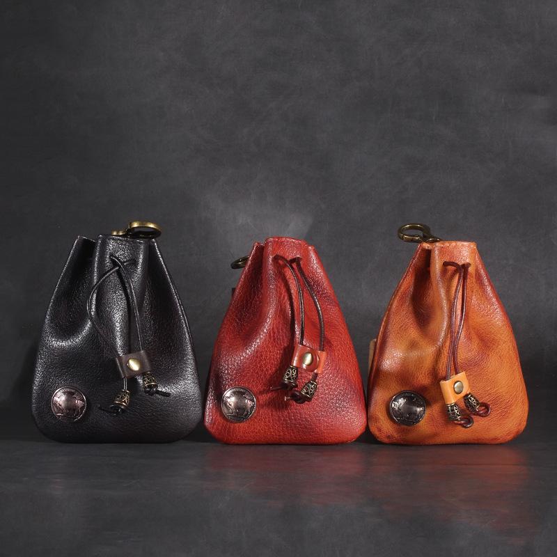 Vintage Cowhide Coin & Key Pouch - Waist Bag with Drawstring Storage