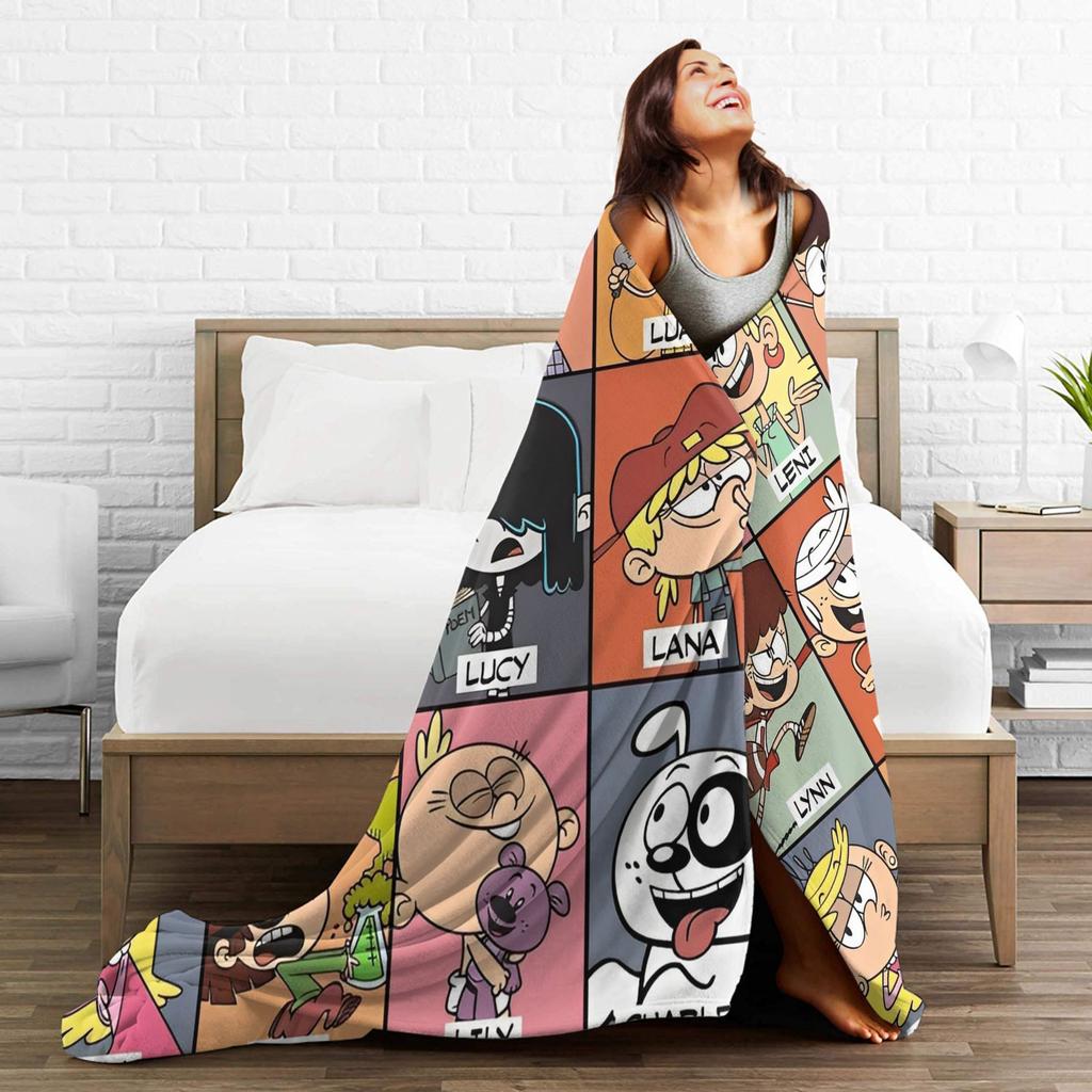 L-Loud Houses Familie Cartoon Plüsch Überwurf für Couch Sessel Sofa Bett Flugzeug Reise Flanell Tagesdecke Bettbezug