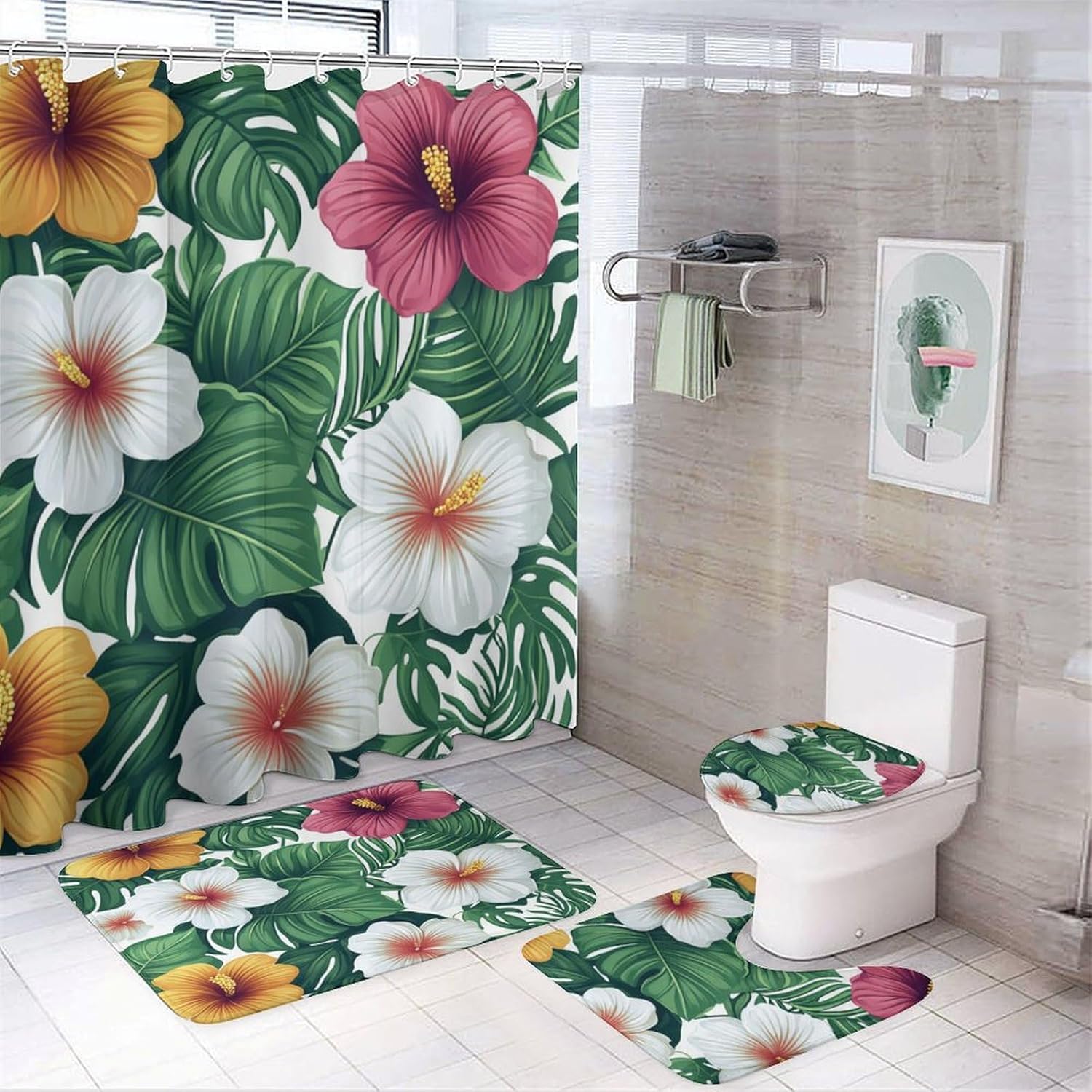 

Bathroom Rugs And Shower Curtain Sets, Tropical Leaf And Flower Pattern Printed On Bathroom Shower Curtain Sets With Rugs W90*H180(CM)-1 Pcs