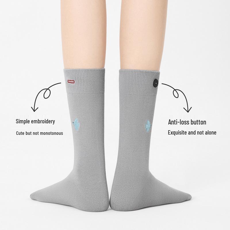 Deer Embroidery Mid-Calf Socks - Button Design, Women's Trendy Spring/Autumn Style