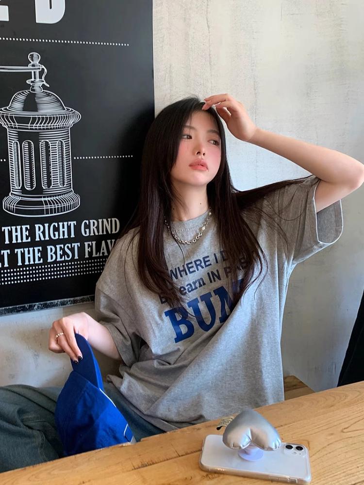 Hong Kong Sle Versatile Retro Letter Print ort Sve T-irt Women's Cotton 00% Casual Faion Top