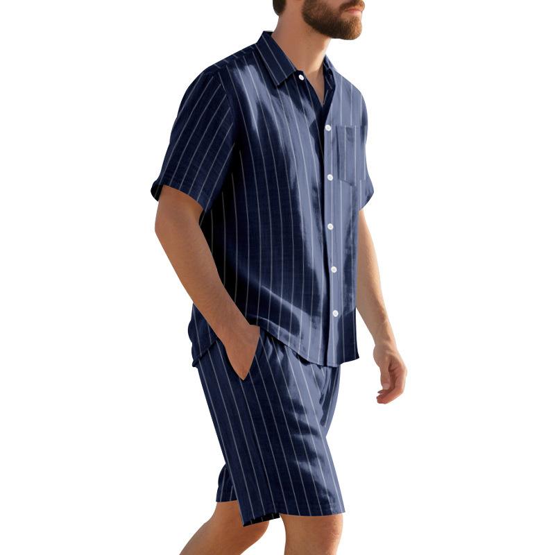 Summer Linen Suit Men's Striped Jacquard Loose Short Sleeve Shirt Beach Shorts Two-piece Set