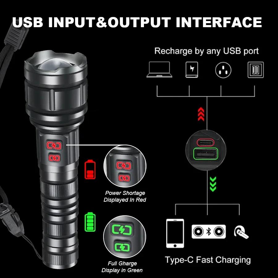 Powerful 9000LM Led Flashlight USB Rechargeable Zoom Tactical Torch Ultra Bright Outdoor Camping Fishing Hunting Emergency Lamp