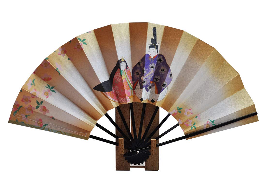 Веер Киото Двусторонний декоративный веер, с куклами Хина и воинами, с подставкой, в коробке.