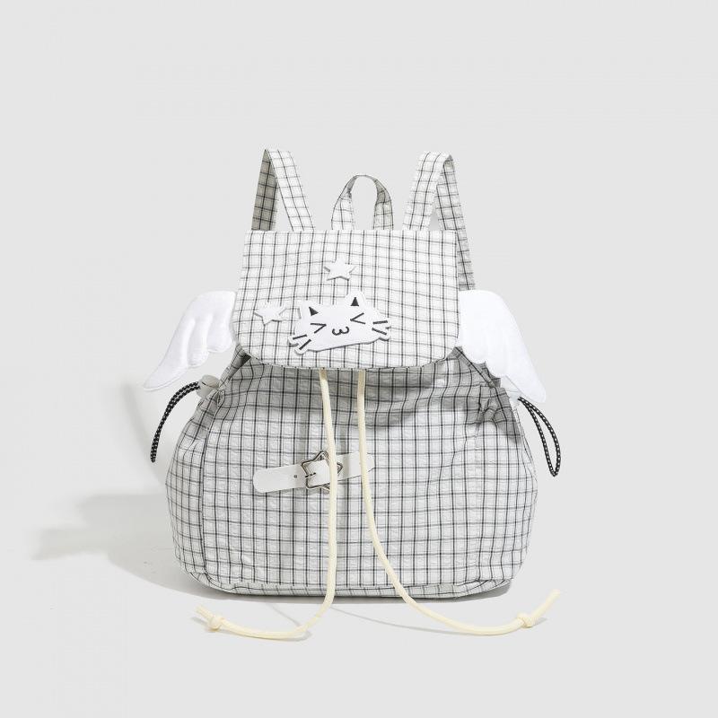 

Cute Cat Pattern Backpack With Angel Wings Girl s Grid Fabric Casual Backpack Lolita Style Drawstring Bag Student Shoulder Bag білий