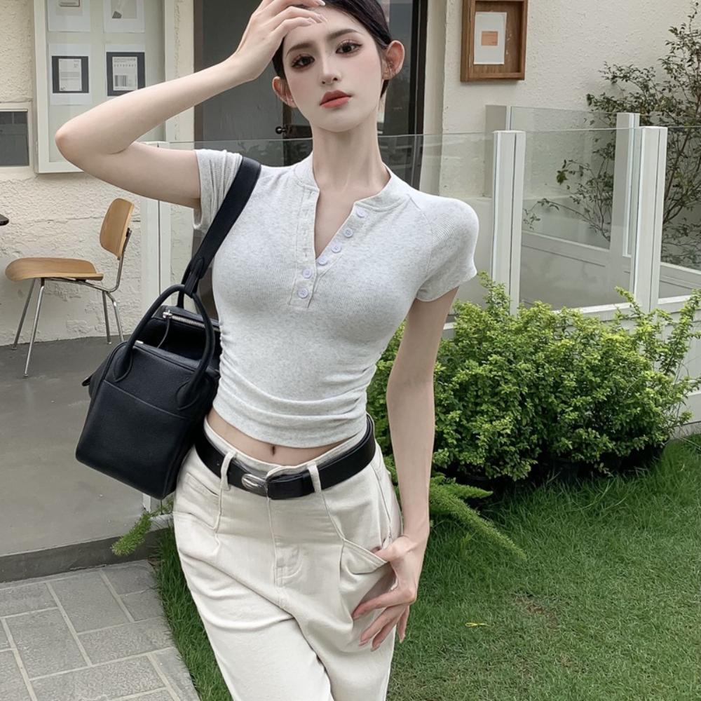 V Neck Button T Shirt Basic Short Sleeve Crop Top Women T-shirt Casual Tank Top Slim Female Crop Top Fashion Girl Tee Shirt Y2k Streetwear