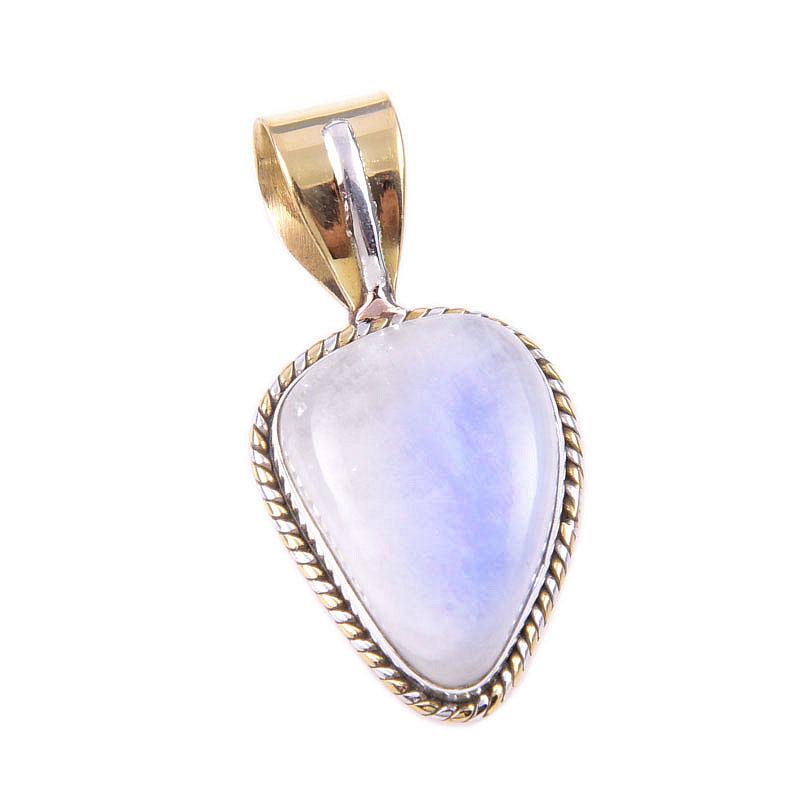 Natural Rainbow Moonstone Gemstone 925 Solid Silver Two Tone Pendant 1.25'' A7v71