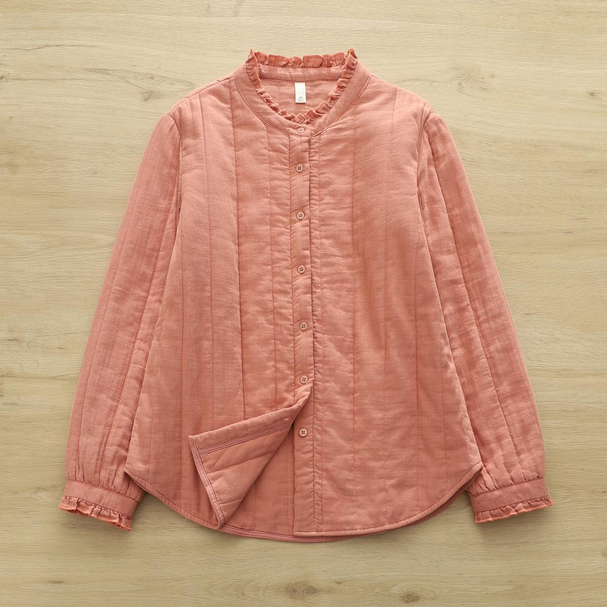 

Women s Elegant Quilted Lace Stand Collar Shirt - 2025 Autumn/Winter Cotton Warm Base Layer Top Medium рожевий