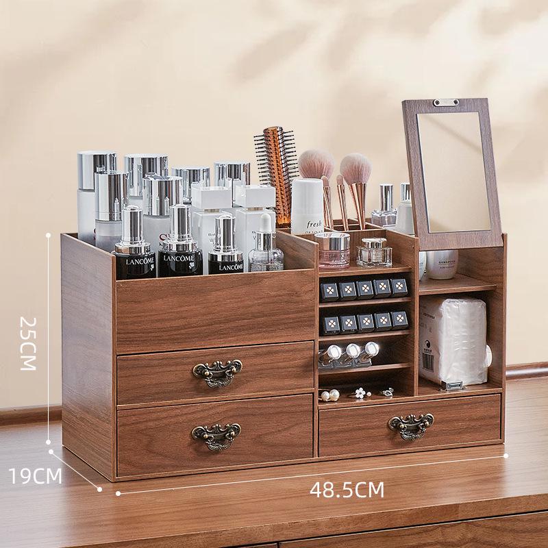 Large Wooden Cosmetic Storage Box with Mirror: Multifunctional Skincare and Lipstick Holder