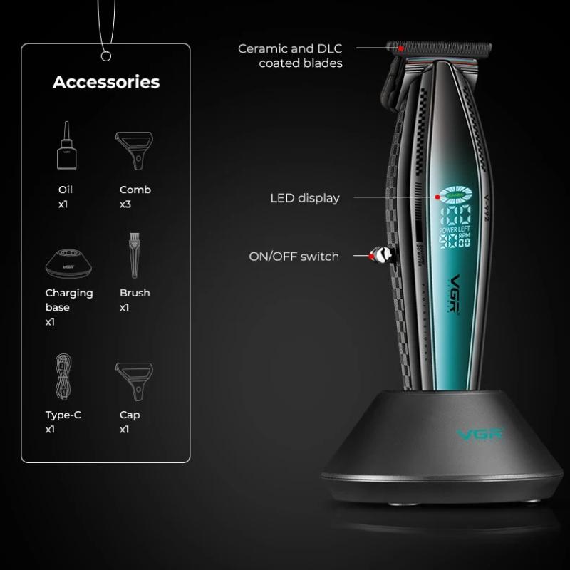 New VGR 9000RPM Powerful Electric Cordless Hair Clipper with Base Rechargeable Smart Digital Display LED LCD Shaver Hair Clipper Shape Carving V-992
