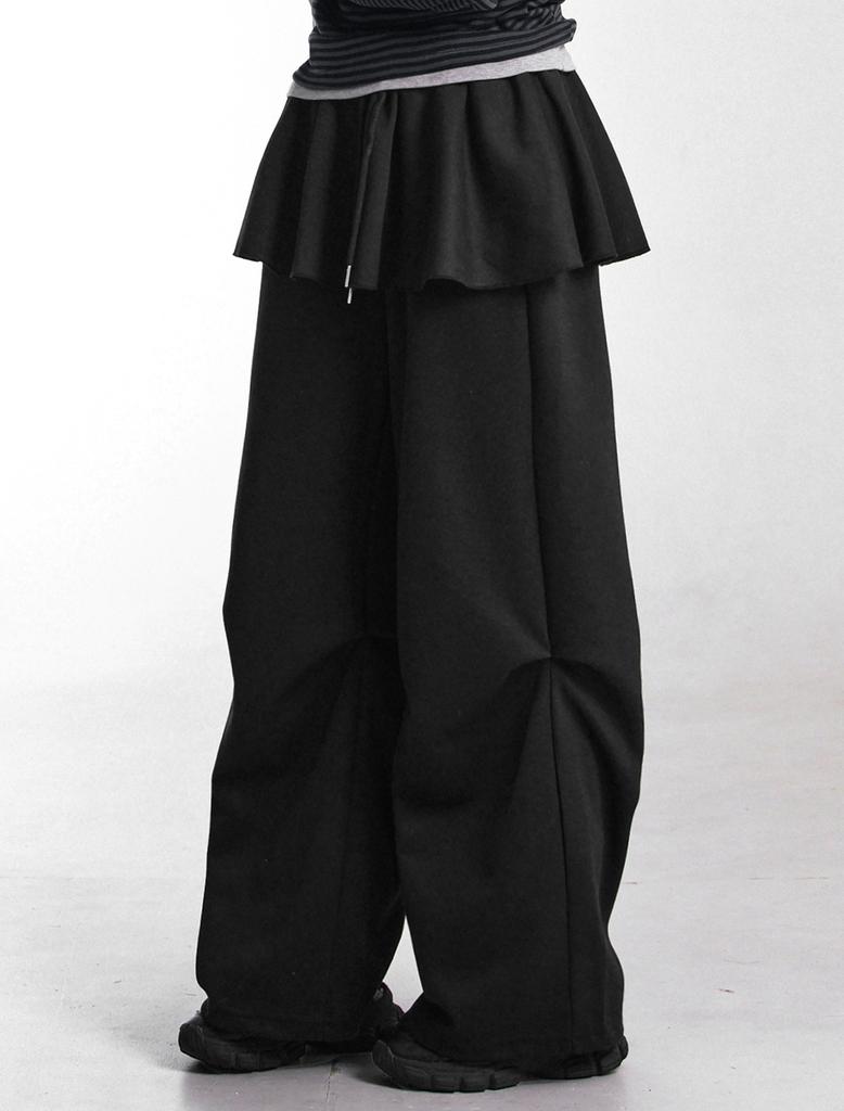 Lupeu Flare Elastic Waist Layered Skirt Skirt Pants Black