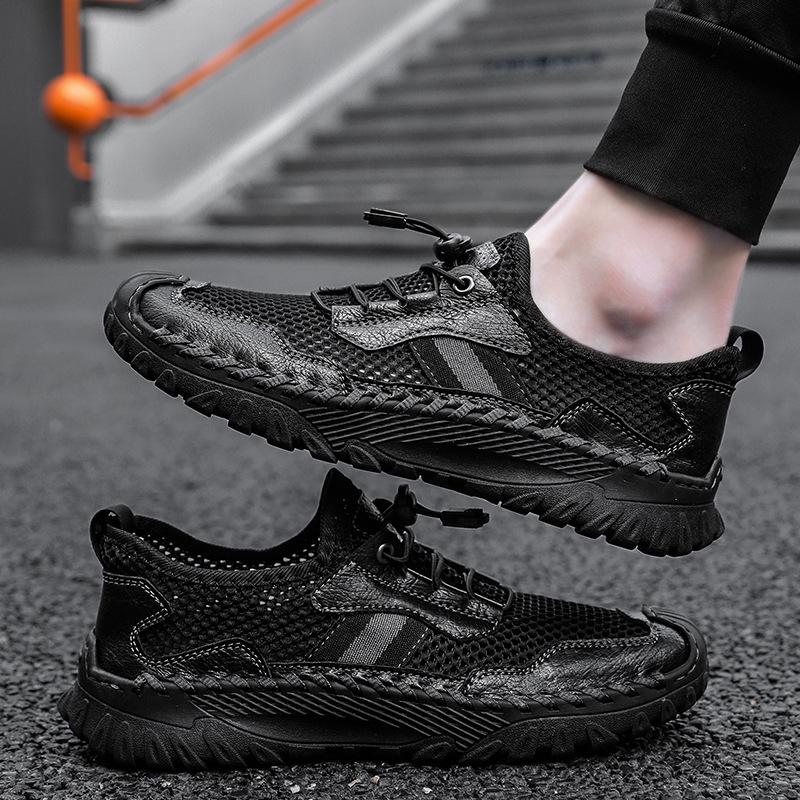 Sandals Summer Breathable Mesh Slip-on Beach Shoes Driving Non-Slip Leather Plus Size Sports Hollowed Toe Box Men's Shoes