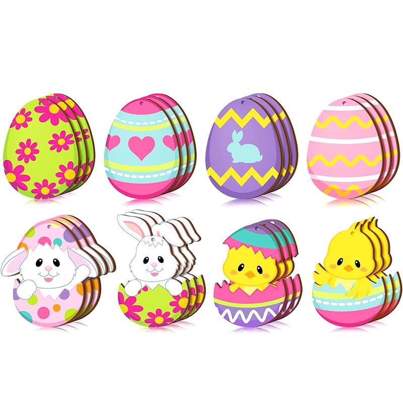 

24 Pieces Spring Easter Wooden Ornaments Happy Easter Cutouts Embellishments Cute Holiday Decorations With Strings