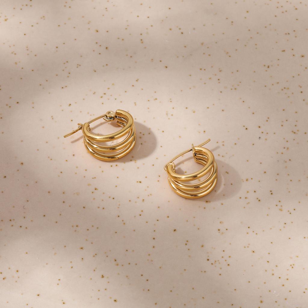 JOOLIM High End 18K Gold Plated Three Circle Multi-layer Hoop Earrings Stainless Steel Jewelry for Women