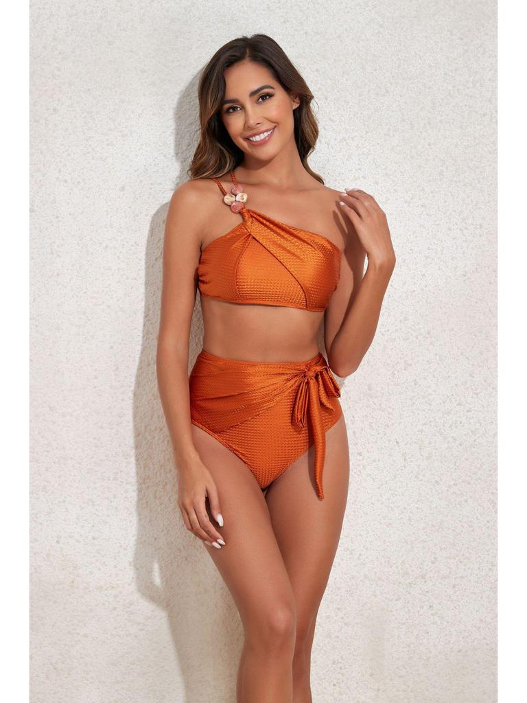 2025 Women's Beaded One-Shoulder Slimming Swimsuit: Tummy-Covering Bikini & Sun Protection Gauze Skirt