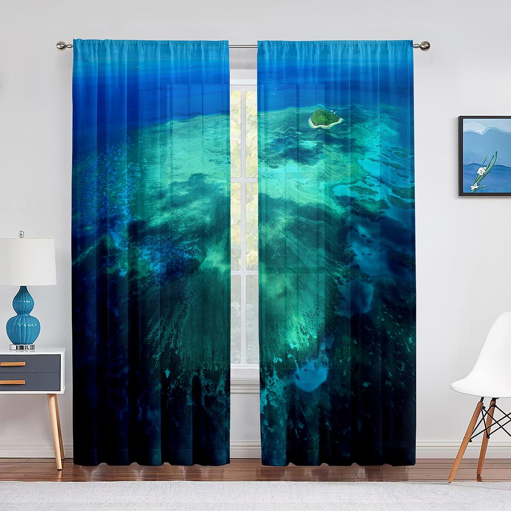 Underwater World Sheer Curtains Coral Fish Ocean Theme Marine Life Tulle Voile Curtains for Living Room Bedroom Kitchen Decor