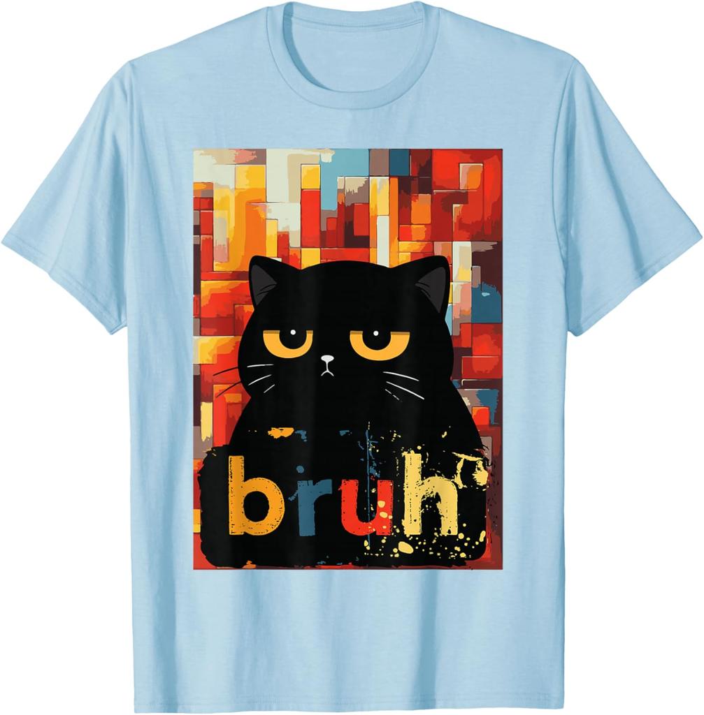 Bruh Black Cat Funny Meme Graphic TShirt Casual Short Sleeve Cotton Crew Neck Tee