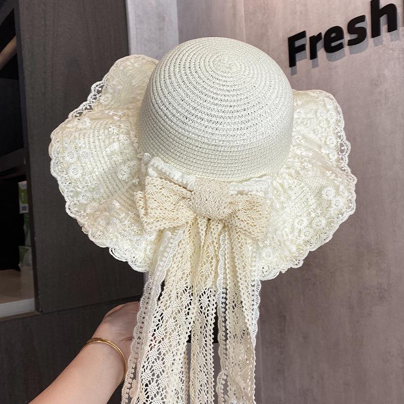 Elegant Bow Lace Straw Hat Women's Big Eaves Spring Summer Sun Hat Vacation Straw Outdoor Sun Protection Hat