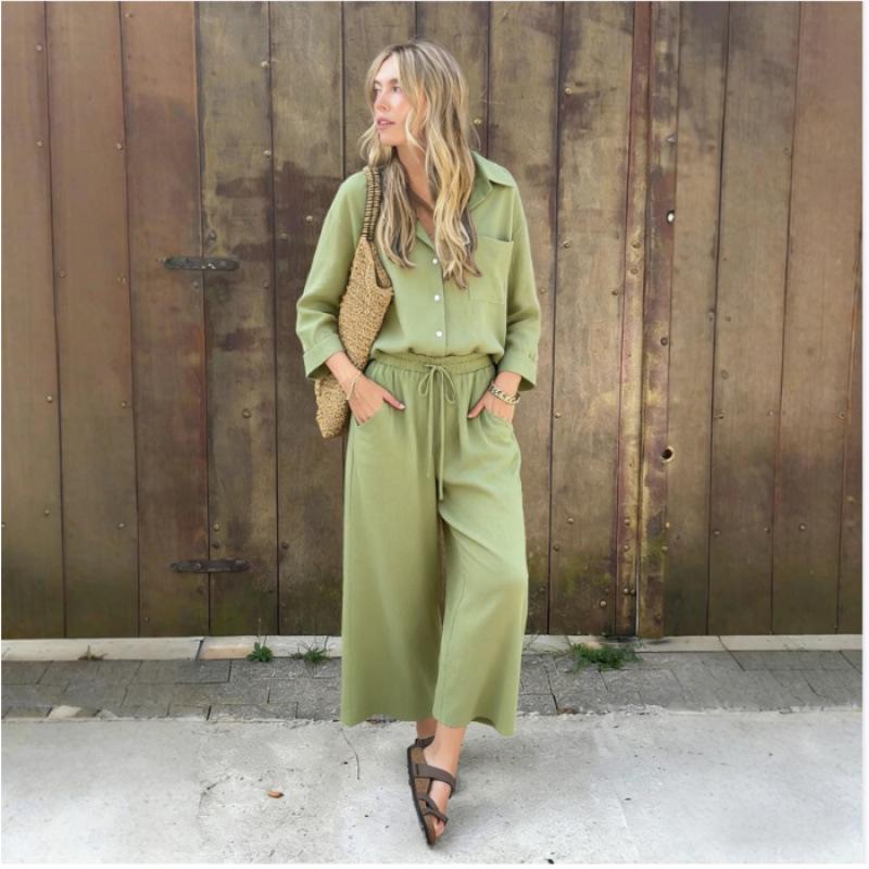 Spring Fashion Women's Plus Size Two-Piece: Linen-Style Shirt & High-Waisted Loose Pants