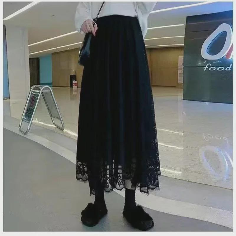 Plus Size Lace Cheongsam Midi Skirt: Elastic Waist, Slimming & Hip-Covering, Fits Up To 200 Lbs