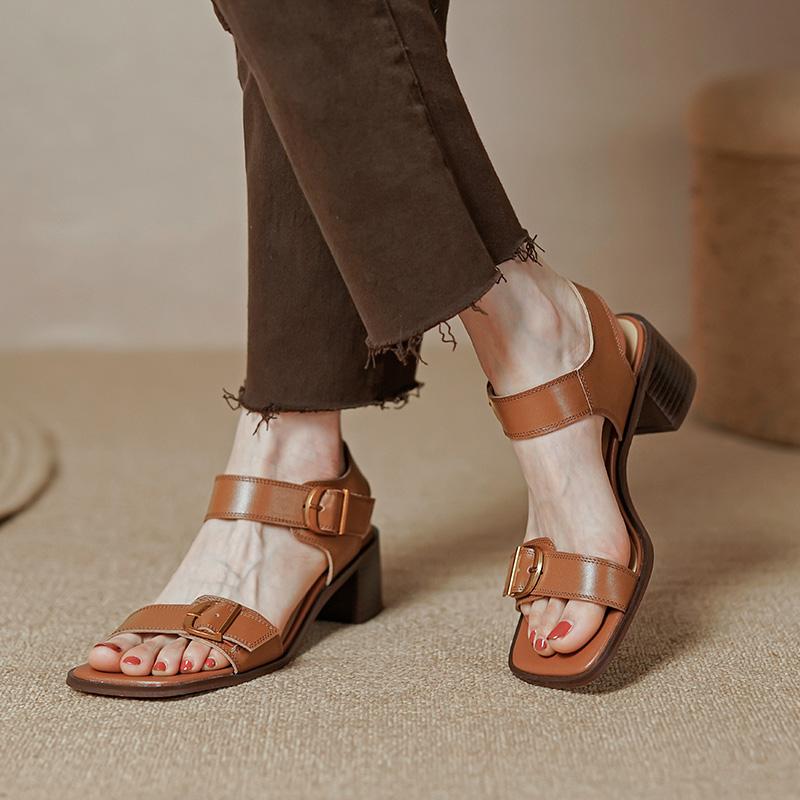 2024 New Summer Women Shoes Square Toe Chunky Heel Women Sandals Cow Leather High Heels Solid Band Shoes Casual Shoes for Women