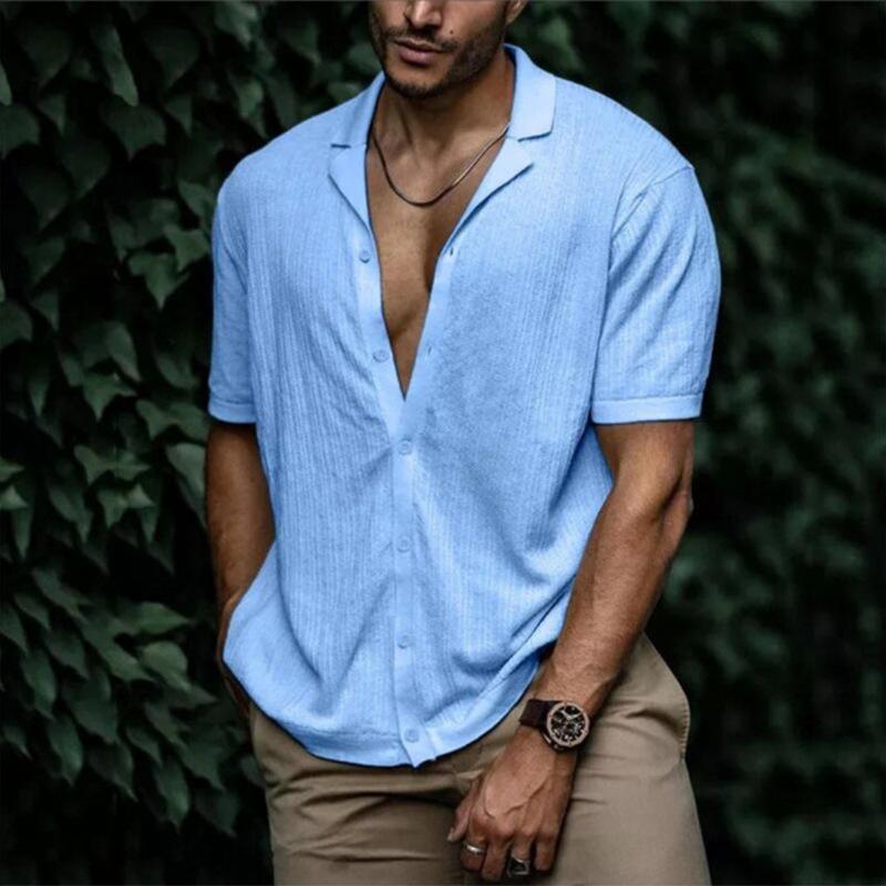 Vintage Lapel Button Solid Shirt Men's Clothing Spring and Summer Short Sleeve Loose Top Men's Casual Shirt