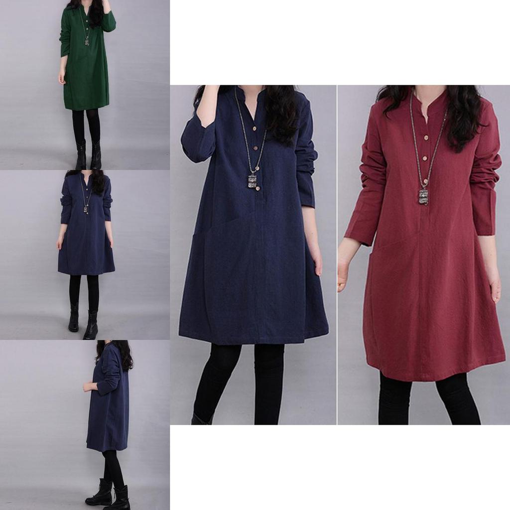 Timeless Vintage Women Long Sleeve Pullover V Neck Tunic Dress For Casual Elegance