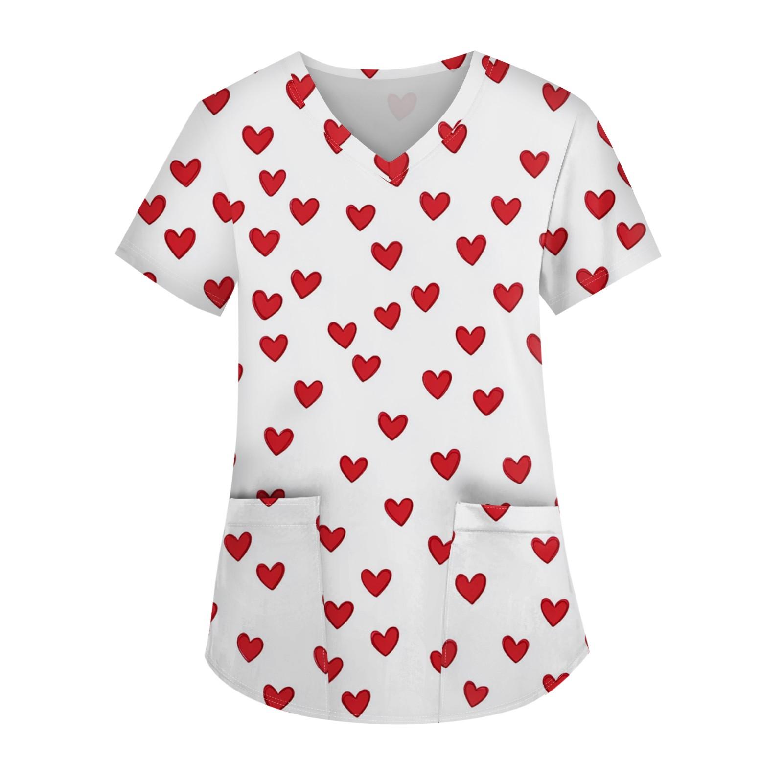 Women s Fashion Casual Short Sleeve Button Heart Printed V-Neck Top Valentine s Day L