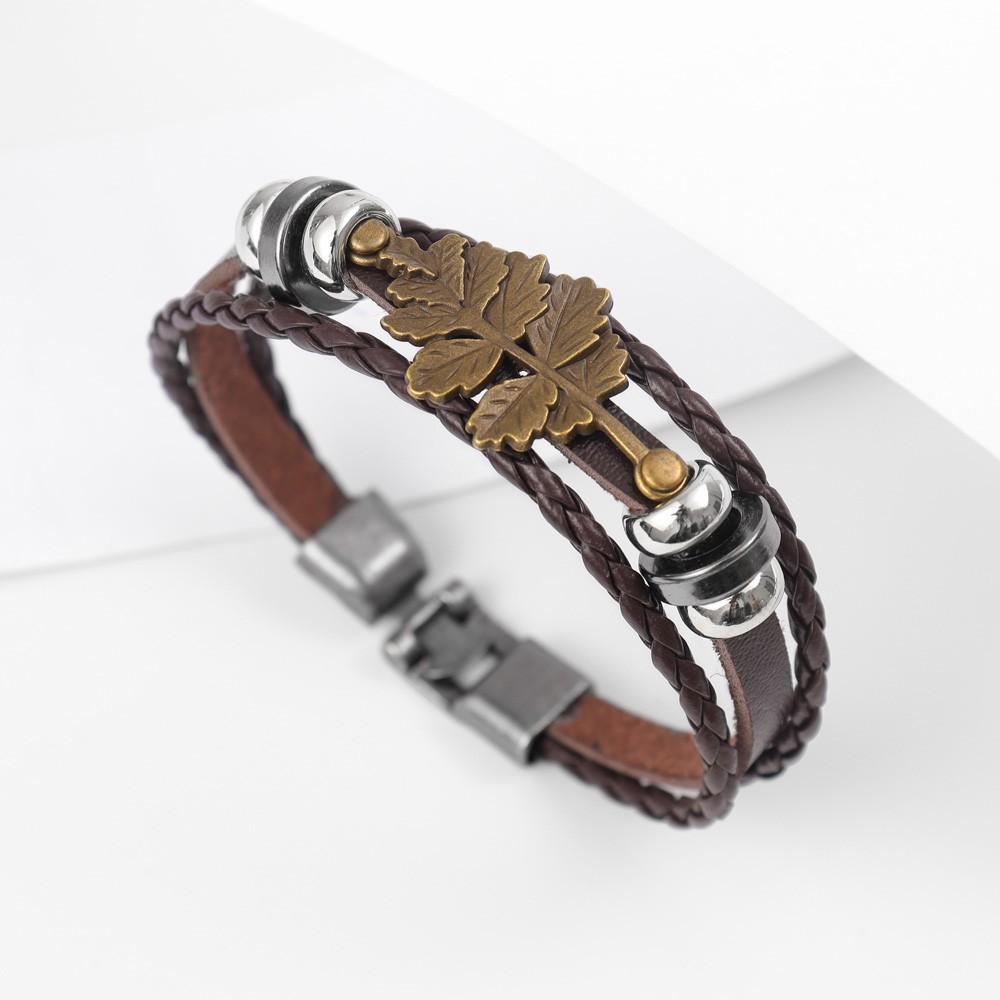 

Мужской модный многослойный кожаный браслет с бусинами, винтажный браслет в форме листа в стиле панк, праздничные подарочные аксессуары коричневый