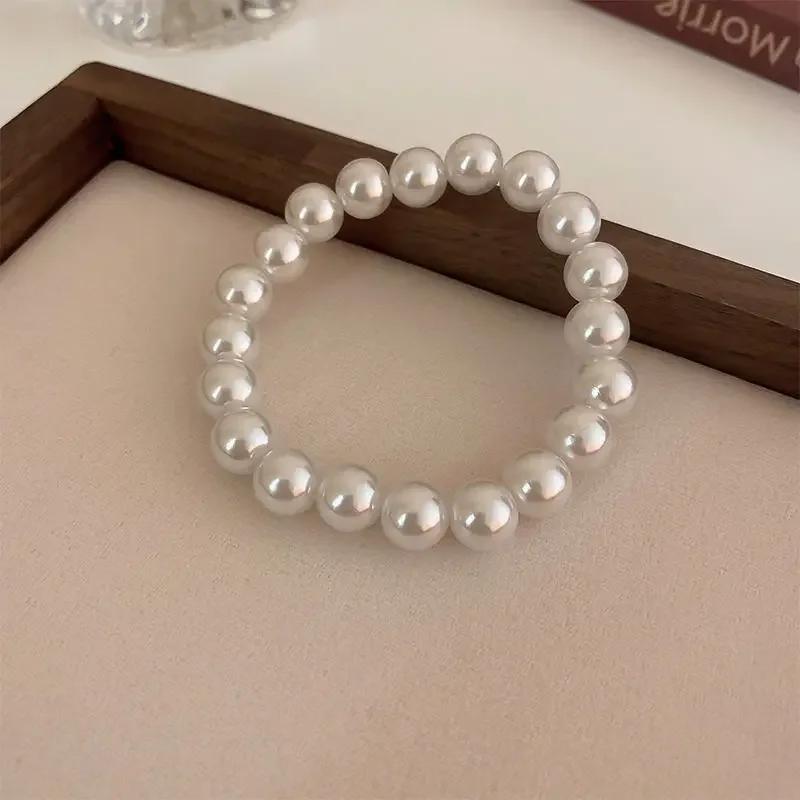 Elegant White Faux Pearls Beaded Bracelets for Women Adjustable Elastic Rope Bracelet French Luxury Hands Jewelry Accessories