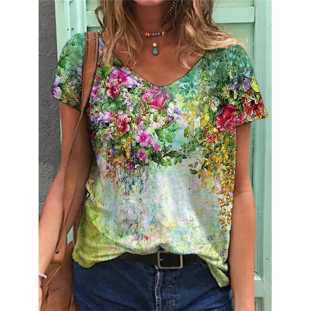New Flower Floral 3D Print T-shirt Women V-Neck Short Sleeve Tees Y2k Tops Streetwear Harajuku Oversized T Shirts Woman Clothing