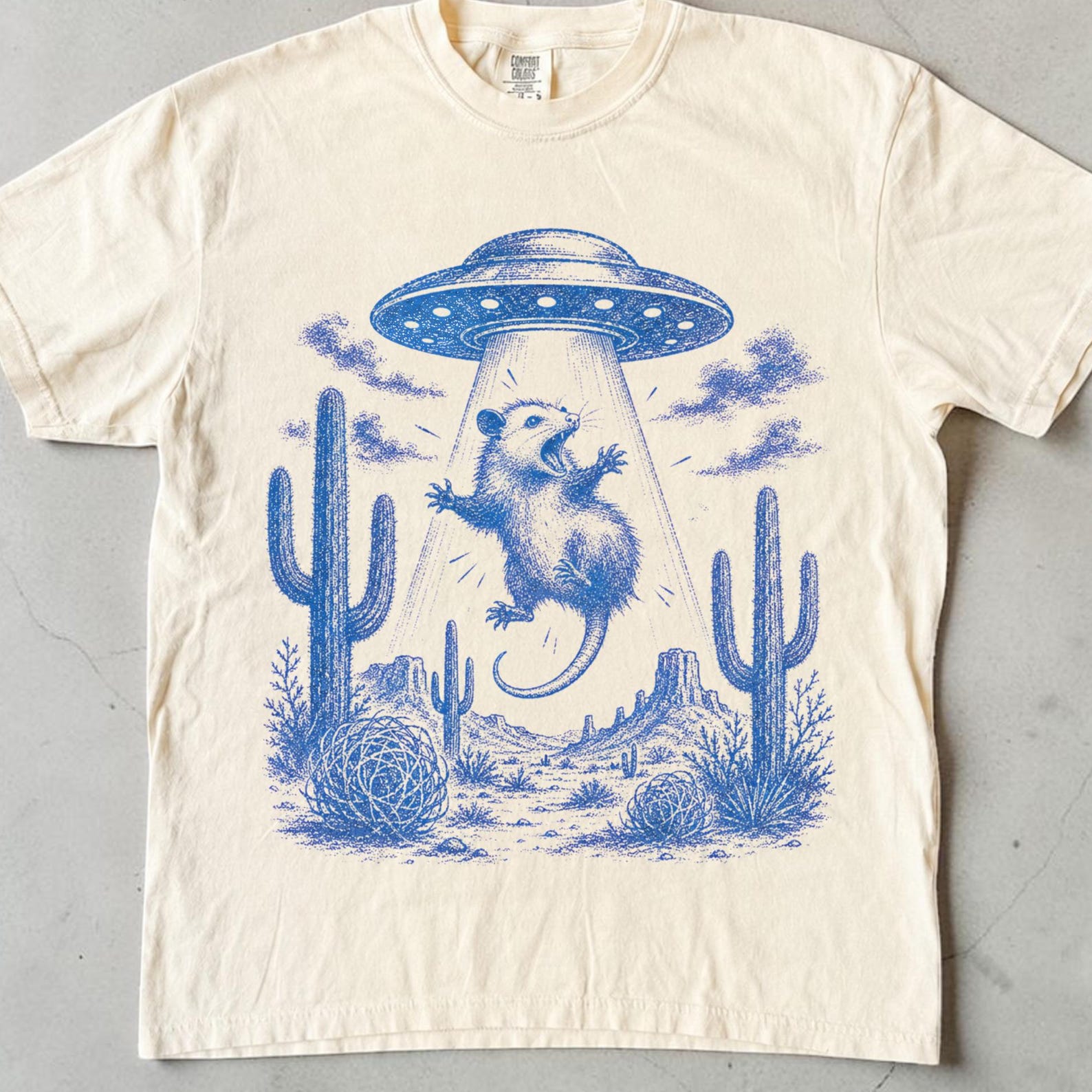 Funny Possum Shirt, UFO Alien Abduction Tee, Opossum Lover Gift, Vintage Western Desert, Unisex Relaxed Fit Comfort Colors 3XL