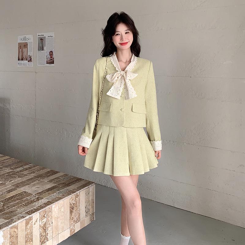 

Винтажный кружевной комплект из двух частей с бантом: 2025 Свежая плиссированная юбка и топ S up to 52.5 kg