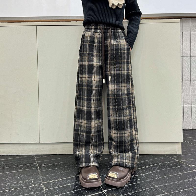 

Girls Fleece-lined High-waisted Plaid Wide-leg Woolen Pants 130cm (Recommended height 120-130cm)
