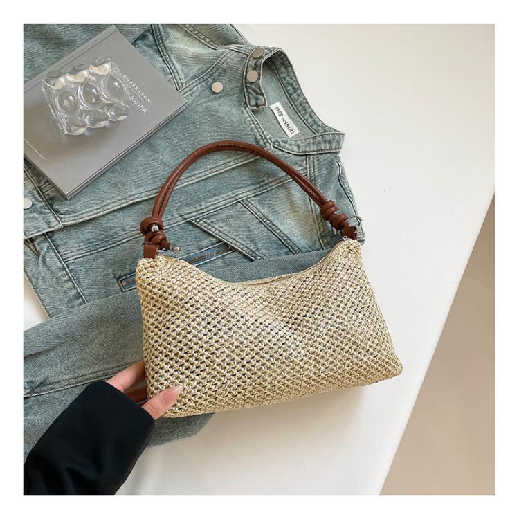 

Korean retro woven tote bag straw bag large capacity armpit bag shoulder bag holiday wind beach bag women коричневий