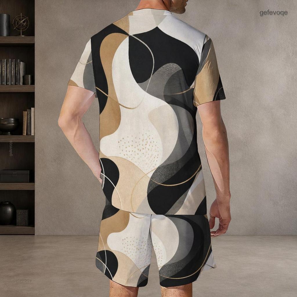 Men Plus Size Round Neck Short Sleeve Yellow Brown Red Printed Tie Dye Two Piece Shorts Set