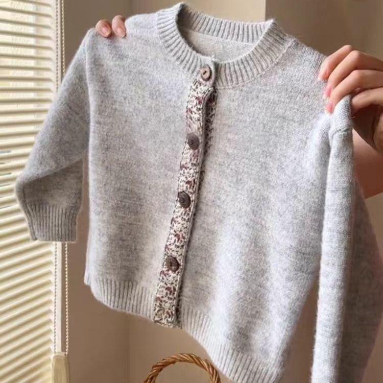 Korean Kids' Vintage Colorblock Floral Knit Cardigan - Autumn 2025 Style Girls' Sweater