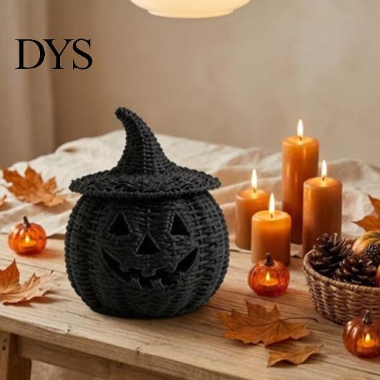 Binnen Oogst Seizoensdecoratie Nep Rotan Halloween Pompoen Beeldje, Zwart Hars Beeld met Heks Veelzijdig Entree Ornament Hoed, Rustiek