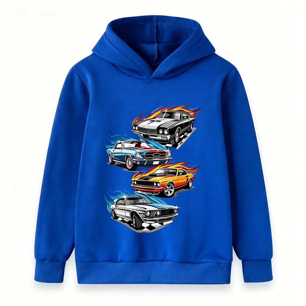 Kinder Jungen Mädchen Pullover Hoodie, Klassische Retro Muscle Cars mit Flammenmuster Lässiger Langarm Kapuzenpullover für Tägliche Streetwear für Auto-Liebhaber